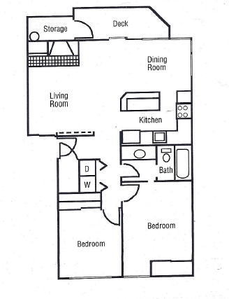 A floor plan of a small apartment with a living room, dining room, kitchen, two bedrooms, and a storage area.